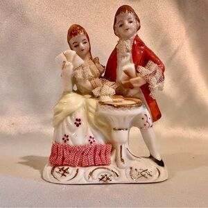 Vintage Porcelain Figurine Victorian Couple with Dresden Lace Japan